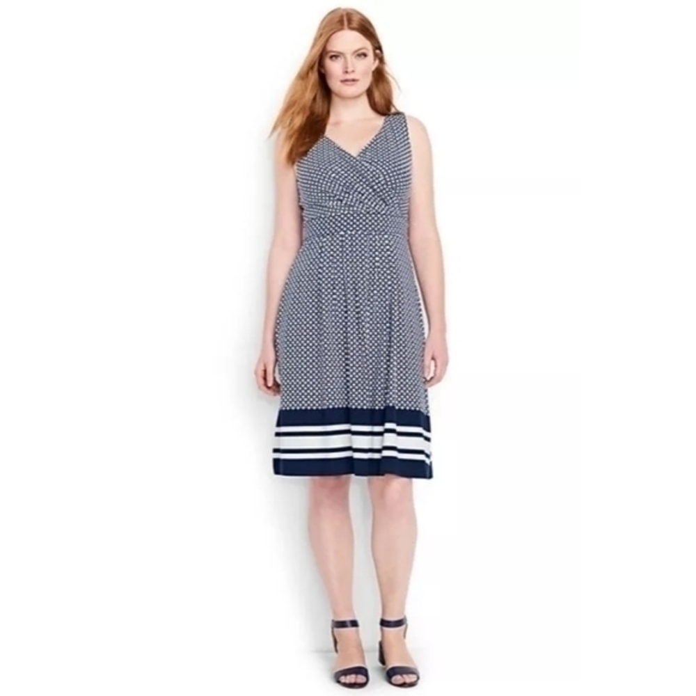 Lands' End Women Navy Geo Sleeveless Surplice Fit & Flare Pima Cotton Midi Dress